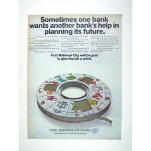 Vintage First National City Bank ADVERT Print 1970 Astrology Sign Computer Reel